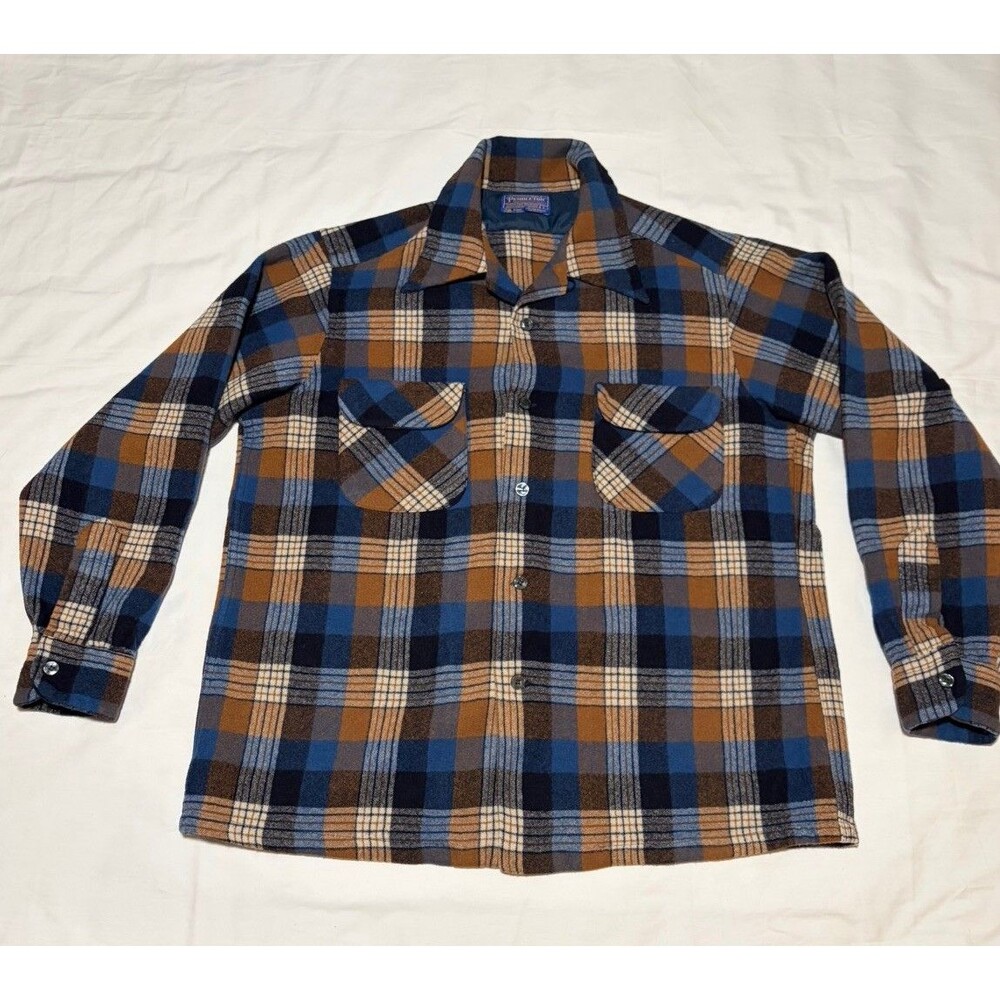 Vintage Pendleton Wool Board Shirt Large 60s Loop Collar Blue Brown Plaid USA